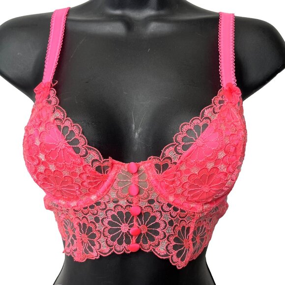 For Love & Lemons Daisy Lace Longline Bra Size XXS Hot Pink Bustier Corset Top - Picture 1 of 15